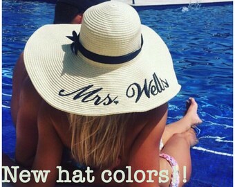 Embroidered Floppy Hat - Wide Brim Beach Sun Hat- Personalized Mrs. Hat