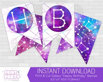 Printable Galaxy Happy Birthday Banner, Galaxy Birthday Party, Teen Galaxy Birthday Party, Outer Space Birthday, Instant Download