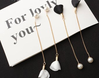 Korean Pearl Flower Petal Tassel Threader Earrings Fashion Jewelry