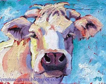ACEO Cow Print of Cow Painting, Art Trading Cards, Collectable Cow Art with White Cow Face - by Jemmas Gems
