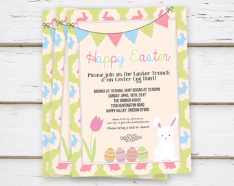 PRINTED Easter Brunch Invitation, Easter Egg Hunt, Hippity Hop, Bunny, Eggs, Spring, Tulip, Cute, Kids, Potluck, Pastel, Dinner, MB093