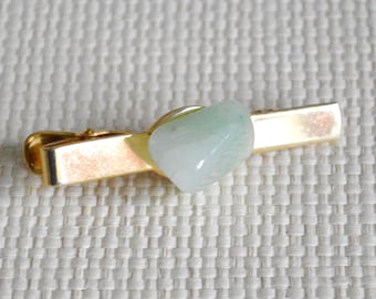 Gold Tie Clip with Pale Green Natural Semi Precious Polished Stone Feature Detail - Hand Crafted Tie Accessory Gift Boxed