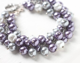 Light Purple Bridesmaid Bracelet, Wedding Jewelry Pearl Cluster Bracelet