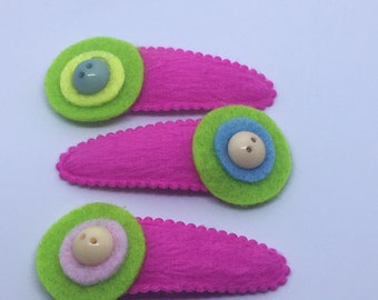 Fabric, Felt and Button Hair Clips, Felt clips, Felt hair clips, snap clips
