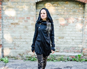 Cardigan, Wrap Jacket with Large Hood, Thumbholes and Pockets ~ black-gray