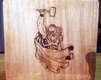 Pyrographed Upcycled Wood Cigar Box, One Image each on Front, Left side, and Right Side