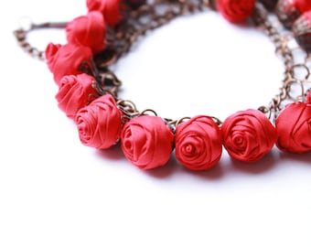 Fabric bracelet Rose bracelet Red textile bracelet Fabric jewelry Flower bracelet Floral jewelry Clusters bracelet Friendship bracelet