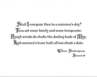 Famous Shakespeare Quote Print - Sonnet 18 - Prints for Lovers - Choose Typeface