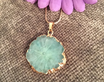 Quartz Necklace, Solar Quartz Necklace, Green Solar Quartz, Foil Edge, Gold Necklace, Seafoam Green, Anniversary Gift, Birthday Gift