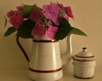 Vintage French Enamel Coffee Pot Banded in Red Ribbons and Gold Gilding
