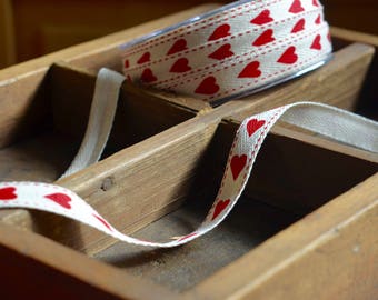 30 yard roll of natural cotton twill printed ribbon with hearts