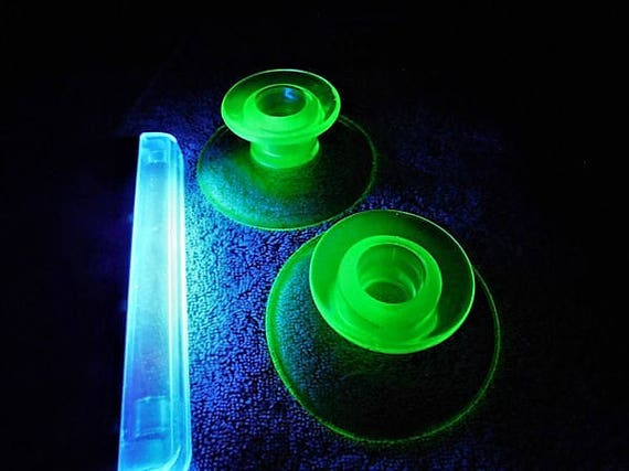 1930s Green Vaseline Uranium Depression Glass Candlesticks