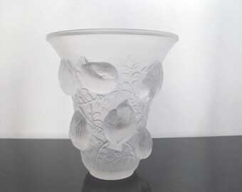 Rene Lalique St Francois French Clear and Frosted Art Glass Vase c1930 with Intricate Birds