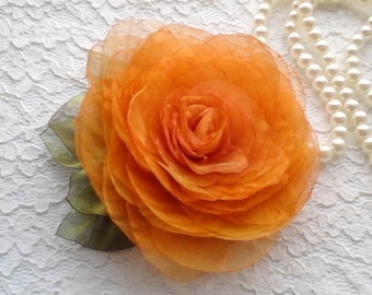 Large Yellow Orange Fabric Flower Brooch, Bridal Hair Clip, Wedding Accessory, Floral Bridal Brooch, Hairstyles For Bride, Cosual Style