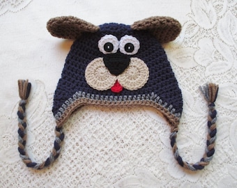READY TO SHIP - 3 to 6 Month Size - Navy Blue, Brown and Grey Puppy Crochet Hat - Winter Hat or Photo Prop