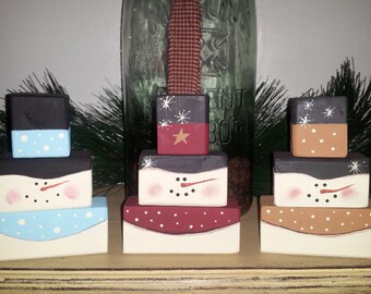 Primitive Christmas Winter Wooden Snowman Blocks Shelf Sitter