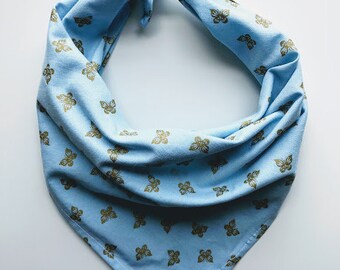 LIMITED EDITION Dog Bandana, Blue with Gold Butterflies, 100% Cotton Natural Material Pet Accessory, Dog or Puppy Gift, Tie On Bandana