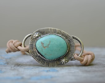 Sterling Turquoise Bracelet. Boho. Turquoise . Leather . Hand Stamped. Wedding Gift .Bracelet. Boho .