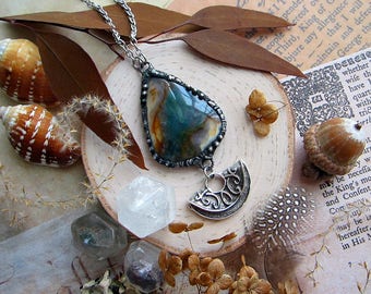 Necklace "Terra" with beautiful semi-transparent moss agate and silver plated rustic pendant. Custom length stainless steel chain.