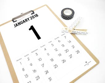 Numbers Calendar 2018, Printable Calendar, Monthly Calendar, 2018 Planner, Agenda, Gift for Students, Wall Calendar, Minimal Calendar, PDF
