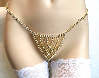 gold chain lingerie rhinestone jewelry body thong belly crystal panties garter luxe austrian leg showgirl burlesque