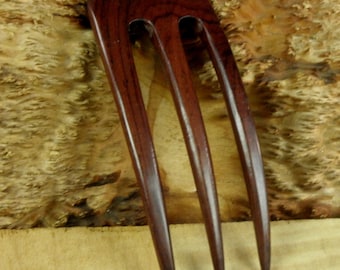 Laos Rosewood 5 Inch Three Prong Curved Hair Fork Deep Red with Blackish Grain 1 7/8 " wide 4" FPL 1/4" Thick Comb Pin Stick Bun Holder