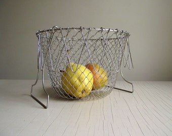 French Wire Basket , Collapsible Mesh Basket , Vintage Wire Mesh Basket , French Country Farmhouse Kitchen Decor