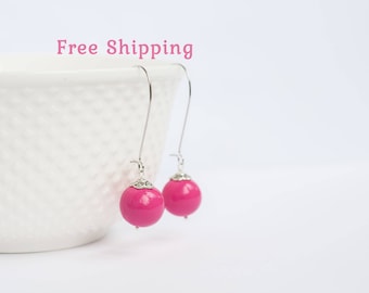 Hot pink earrings, Fuschia earrings for bridesmaids, Fish hook earrings, Hot pink dangle earrings, Fuchsia earrings, Fuschia pink earrings
