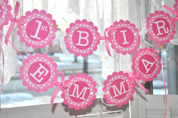 1st Birthday Banner Polkadots Pink and White Personalized