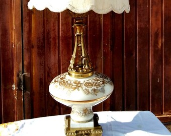 TALL VINTAGE LAMP. Mid-century, Hollywood Regency, Glass Globe Lamp. Antique, Tall, White and Gold Table Lamp.