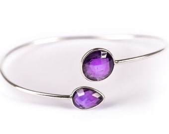 Dainty Amethyst Gemstone Sterling Silver Cuff Bracelet Adjustable Gift Boxed + Giftbag + Free UK Delivery