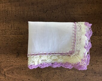 White Linen Handkerchief with Cream Lace and Lavender Crocheted Edge Vintage Ladies Hanky