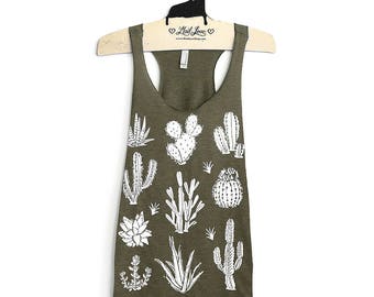 Large- Olive Tri-Blend Racerback Tank with Cactus Screen Print