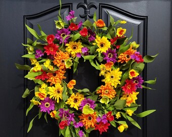 Spring Summer Door Decor, Spring Wreath for Front Door, Spring Flower Wreath, Wreaths for Spring, Spring Door Wreaths, Multi Colored Wreath