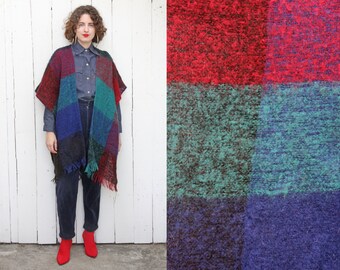 Vintage 70s Poncho | 70s Plaid Mohair Wool Fringed Poncho Open | One Size