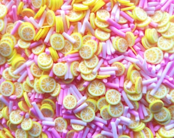 RASPBERRY LEMONADE, Pastel Pink and Pink Polymer Clay Fake Sprinkles with Lemon Slices, Decoden Funfetti Jimmies, E45