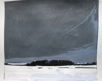 Snow Field, January 13, Original Winter Landscape Collage Painting on Paper, Stooshinoff