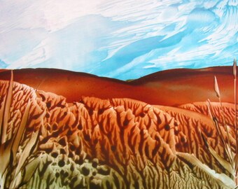 4X6 Tall Grasses Landscape Encaustic (Wax) Original Painting. Brown, Green. Aqua Sky. SFA (Small Format Art)