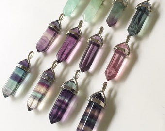 Fluorite Crystal Necklace/ Rainbow Fluorite/ Purple Fluorite Choker/ Stripe Fluorite/ Green Fluorite Point Crystal/ Reiki Chakra Crystal