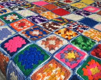 74 x 74 big bright colorful granny square blanket full double size hand crocheted afghan throw