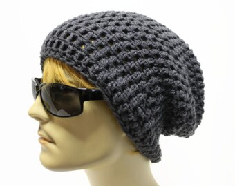 Gray Mens Slouchy Beanie Crochet Slouch Beanie Hipster Hat Charcoal Grey Mens Beanie