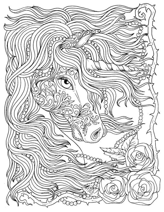 Unicorn and Pearls Fantasy Coloring  Page  Adult  Coloring 