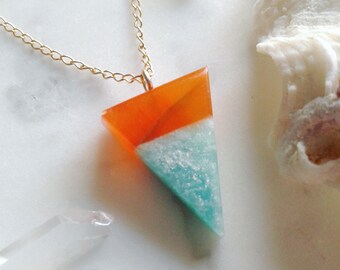 Orange Carnelian & Amazonite Triangle Pendant - Gold, Lapidary, Alchemy