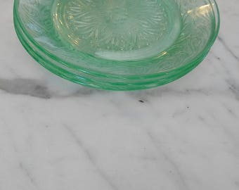 Set of 3 Vintage antique Green Vaseline Glass Plates