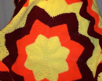 Crochet Afghan Aztec Sun yellow orange burgandy Free Shipping