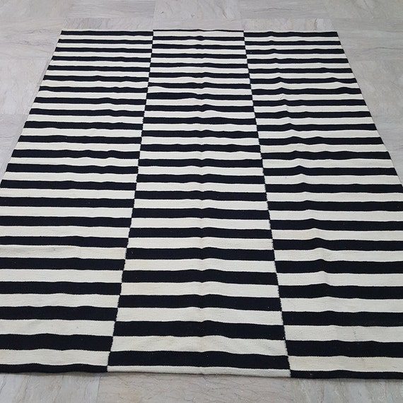Black and white/beige striped rug handmade striped kilim rug