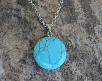 Sterling Silver Natural Genuine TURQUOISE Round Pendant Necklace - Sterling Silver 18" Chain - Natural Stone Necklace - Dainty necklace