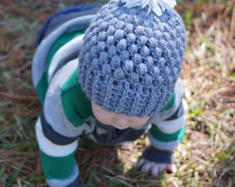 Gray Puff-Stitch With Pom-Pom, Crochet Hat | Baby/Toddler/Children's Winter Hat
