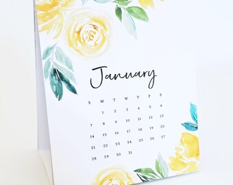 2018 Calendar - Watercolor Desk Calendar with Floral Watercolor and Calligraphy Script Font, Teacher Gift, Stocking Stuffer