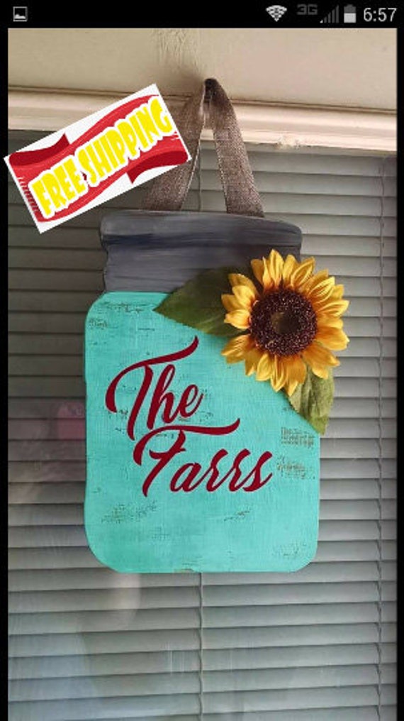 Large personalized Mason jar door hanger, sunflower rustic, door hanger Teal farm country FREE SHIPPING